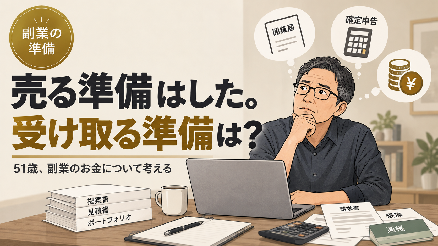 51歳の会社員が副業でお金を受け取る準備について、会計や書類を前に考えているイラスト