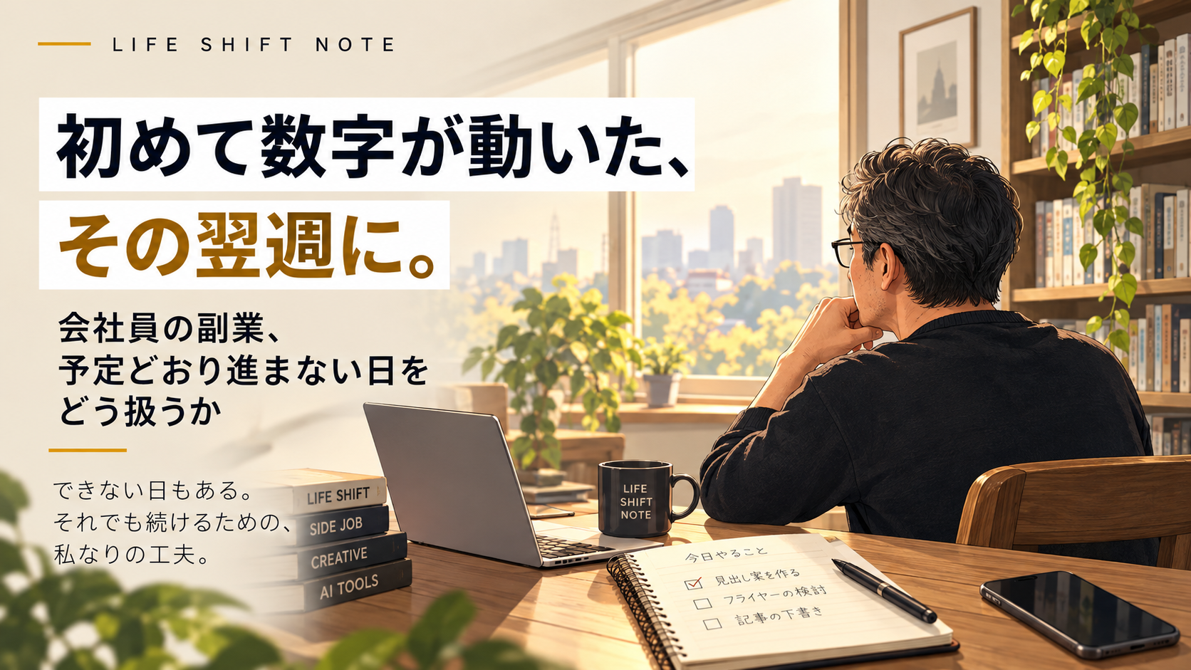 51歳の会社員が副業のタスクを整理しながら、予定どおり進まない日の向き合い方を考えているイラスト